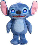 Disney Stitch plush with heart-shaped animated LCD eyes and wide smile, standing upright on white background in Ireland