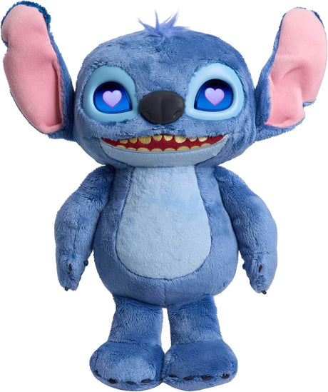 Disney Stitch plush with heart-shaped animated LCD eyes and wide smile, standing upright on white background in Ireland