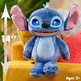 Stitch plush toy seated on yellow chair with height marker showing 34 cm (13.5 inches), posed for display in Ireland