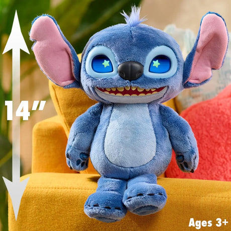 Stitch plush toy seated on yellow chair with height marker showing 34 cm (13.5 inches), posed for display in Ireland