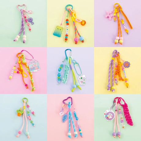 Nine colourful DIY keychain designs with cords, beads, clips and assorted charms