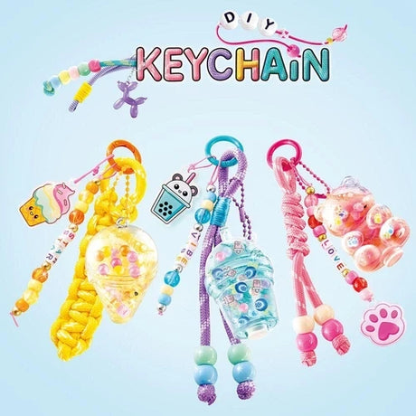 Three Style 4 Ever DIY keychains in yellow, blue and pink with beads, cords and clear filled charms