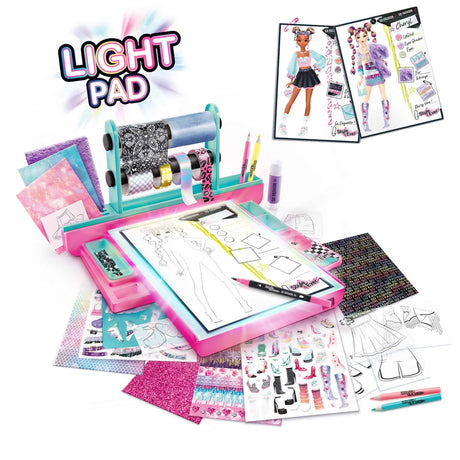 Style 4 Ever Fashion Designer Light Up Studio contents with light pad, stencils, fabrics and stickers in Ireland