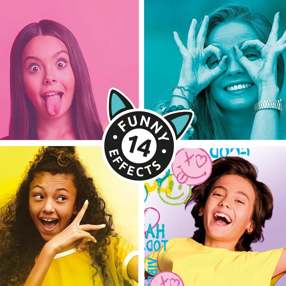 Four portrait photographs showing different Style 4 Ever Mini Cam effects, including pink and turquoise colour filters and decorative graphics, with a central Funny 14 Effects label.