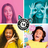 Four portrait photographs showing different Style 4 Ever Mini Cam effects, including pink and turquoise colour filters and decorative graphics, with a central Funny 14 Effects label.