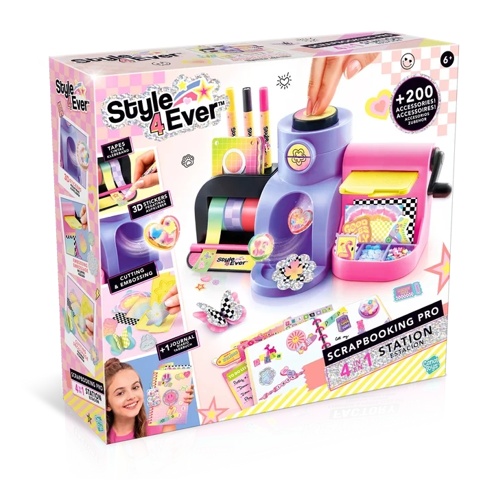 Style 4 Ever 4 in 1 Scrapbooking Studio Pro retail box viewed from the front and left side, showing the purple and pink craft workstation, decorative tapes, 3D stickers, paper cutting and embossing examples, and decorated journal.