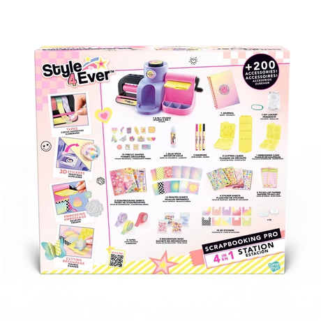Back of the Style 4 Ever Scrapbooking Studio Pro box showing the four crafting functions and illustrated kit contents, including the workstation, cutting and embossing plates, markers, decorative tapes, scrapbook, sticker sheets and paper decorations.