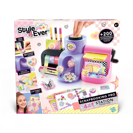 Front of the Style 4 Ever Scrapbooking Studio Pro packaging showing the purple and pink workstation with a turning handle, colourful tape rolls, craft markers, sticker decorations and a decorated scrapbook.