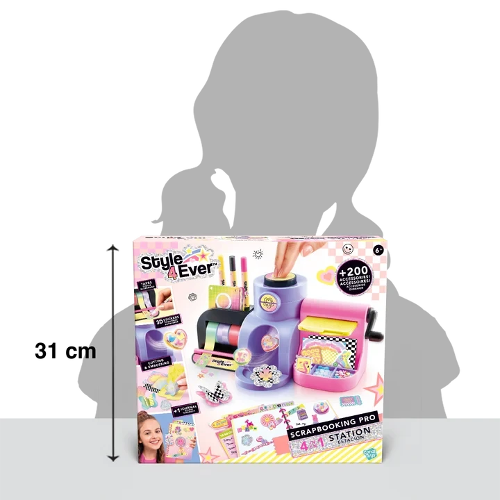 Style 4 Ever Scrapbooking Studio Pro retail box shown with a vertical measurement arrow against a grey silhouette of a person for scale.