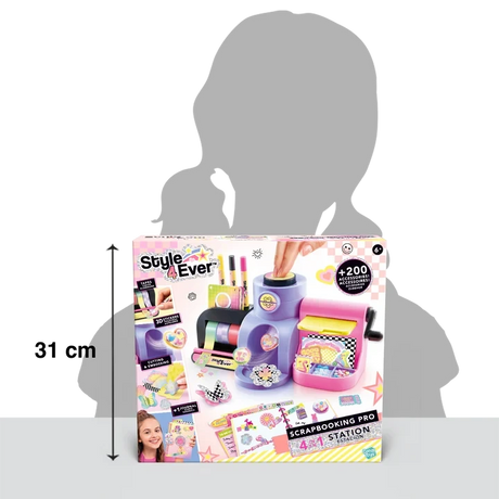 Style 4 Ever Scrapbooking Studio Pro retail box shown with a vertical measurement arrow against a grey silhouette of a person for scale.