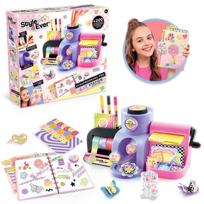 Style 4 Ever Scrapbooking Studio Pro retail box displayed beside the assembled purple and pink workstation, an open decorated journal, colourful paper sheets, decorative stickers and a girl holding a finished scrapbook.