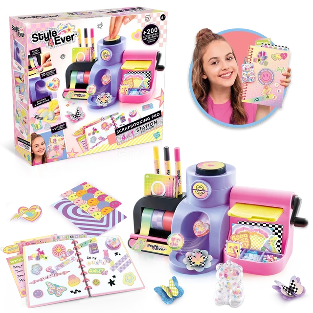 Style 4 Ever Scrapbooking Studio Pro retail box displayed beside the assembled purple and pink workstation, an open decorated journal, colourful paper sheets, decorative stickers and a girl holding a finished scrapbook.