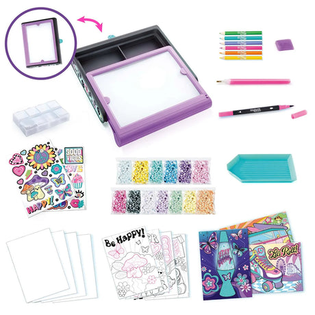 Complete contents of Diamond Art LED Case including pens, stickers, gems, and lightboard – Ireland