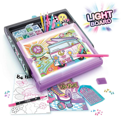 Active lightboard with colourful gem art, pencils, and roller skate design in progress – Ireland