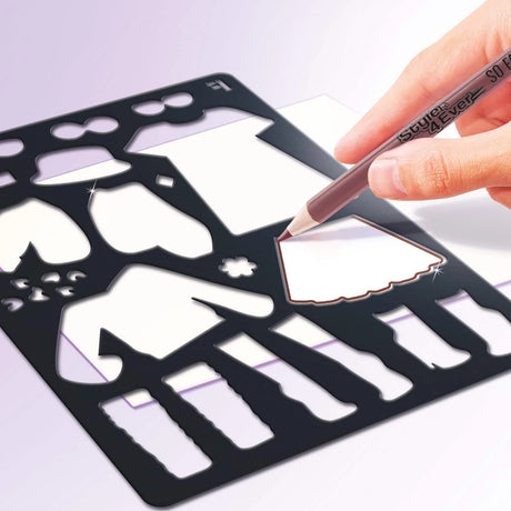 Hand using stencil to trace outfit shapes on model drawing – Ireland