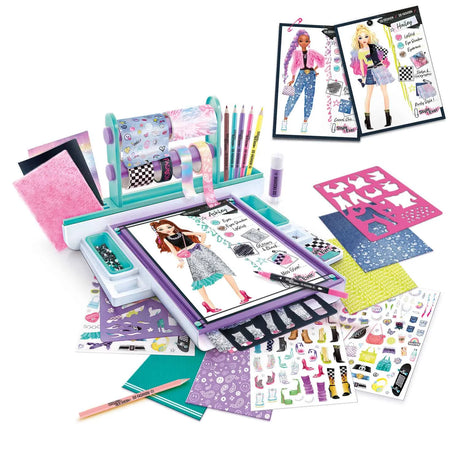 Full layout of Fashion Designer Studio accessories including stencils, fabrics, stickers, and sheets – Ireland