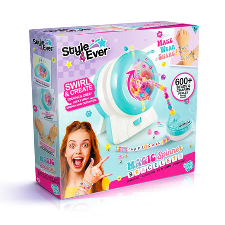Magic Spinner Bracelets kit box showing beading machine, colourful beads, and child model – Ireland