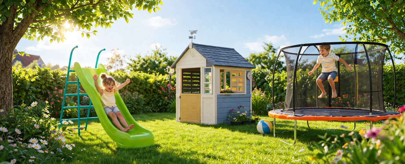 children playing in a summer garden scene on a slide and trampoline.