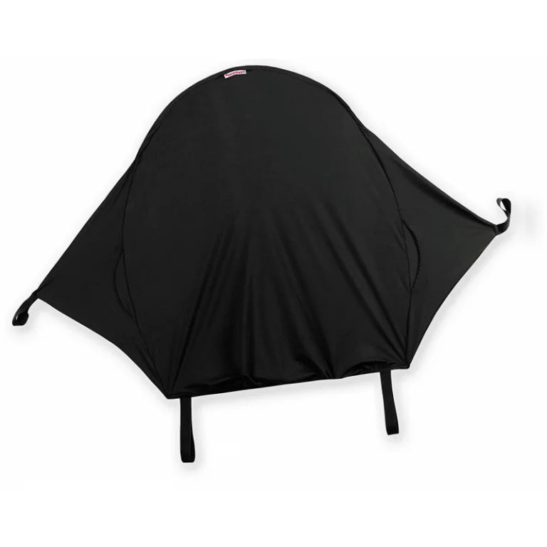 Summer Ray Shade UV stroller protector laid flat on a white background, showing a black curved fabric cover with stitched seams, a small red and white label near the top edge, two strap loops at the lower edge, and small loops at both side corners