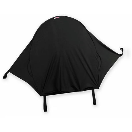 Summer Ray Shade UV stroller protector laid flat on a white background, showing a black curved fabric cover with stitched seams, a small red and white label near the top edge, two strap loops at the lower edge, and small loops at both side corners
