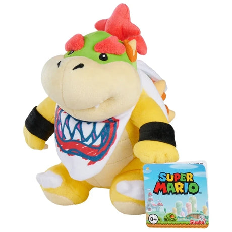 Super Mario Bowser Jr 22 cm soft toy viewed from the front and side, showing green head, red hair, yellow body, printed teeth bib and Super Mario product tag marked 0+.