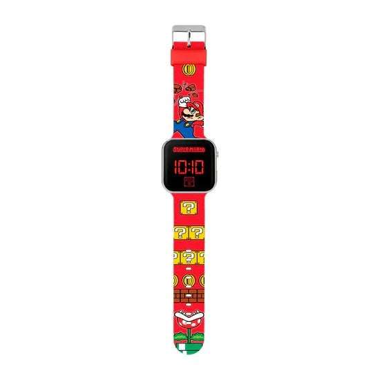 Super Mario Bros kids LED watch with red digital display and character print strap with silver buckle fastening