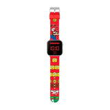 Super Mario Bros LED watch showing full printed red silicone strap with Mario, question blocks and Piranha Plant game characters