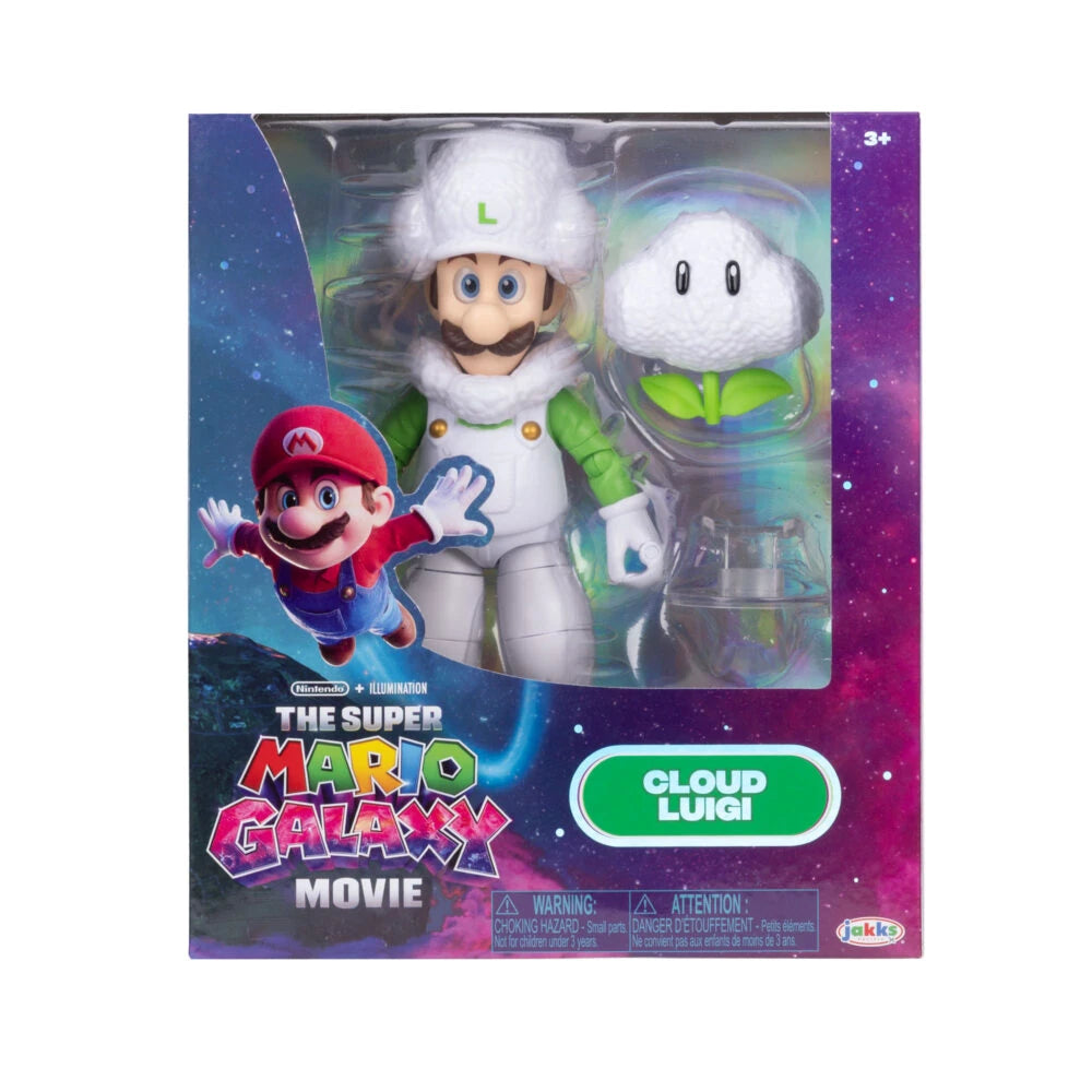 The Super Mario Galaxy Movie Cloud Luigi figure and cloud accessory in window box packaging