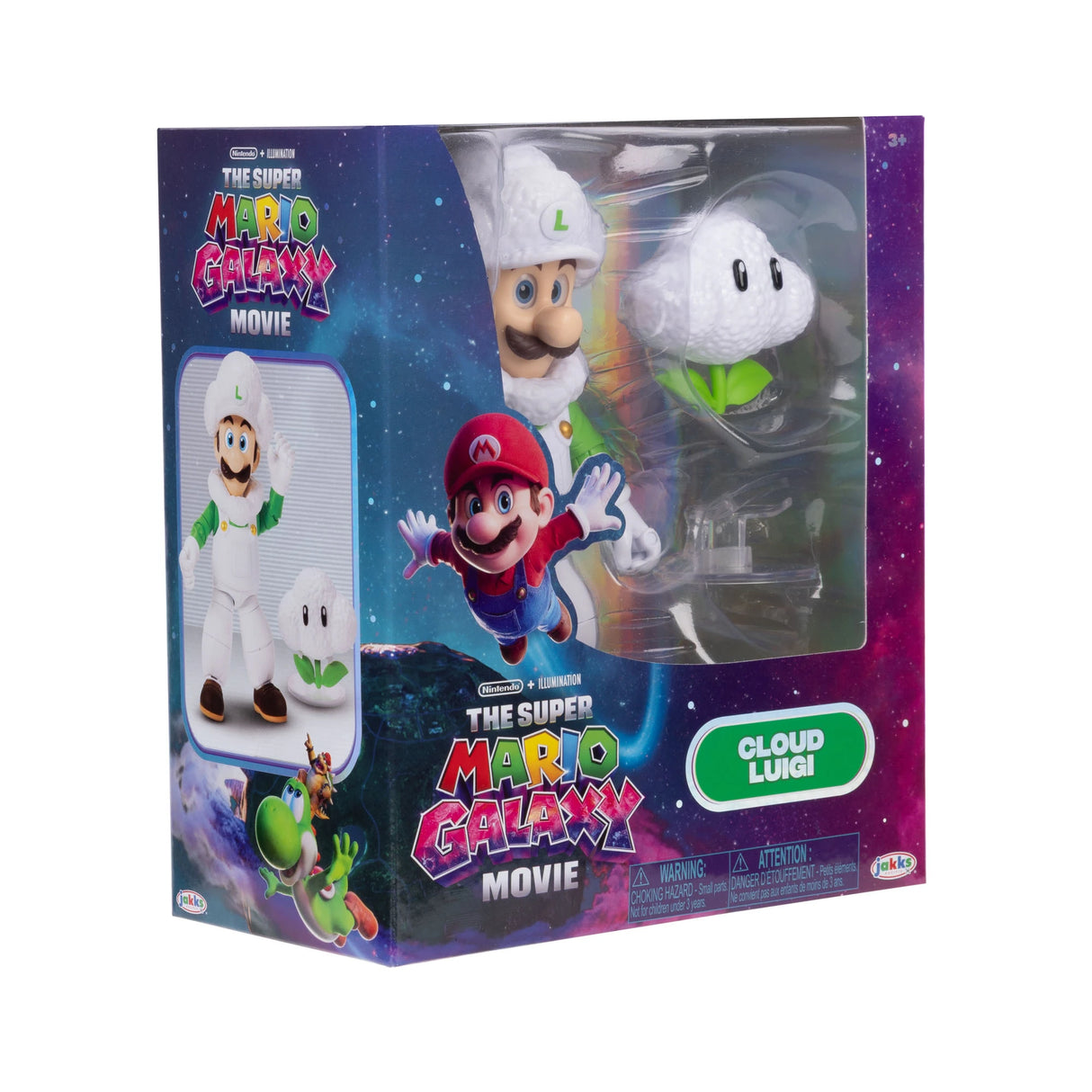 Cloud Luigi window box packaging viewed from the left with the figure and cloud accessory visible