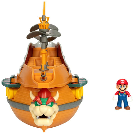 Open Super Mario Bowser's Airship playset showing the interior deck and stairs with Mario figure beside the ship