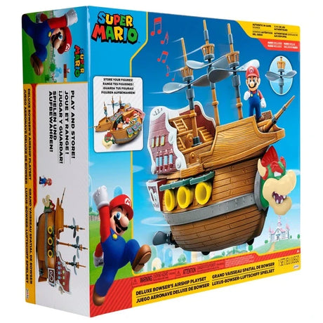 Super Mario Deluxe Bowser's Airship Playset box showing the airship with Mario figure, spinning propellers and storage feature panel