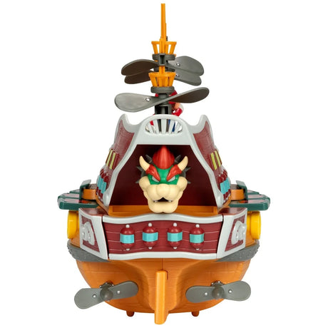 Rear view of the Super Mario Bowser's Airship playset with Bowser head detail, upper mast propellers and lower rear propellers