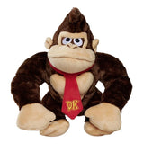 Super Mario Donkey Kong plush shown from the front and at a slight angle, highlighting the red DK embroidered tie and dark brown soft fur