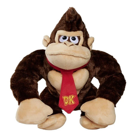 Super Mario Donkey Kong plush shown from the front and at a slight angle, highlighting the red DK embroidered tie and dark brown soft fur