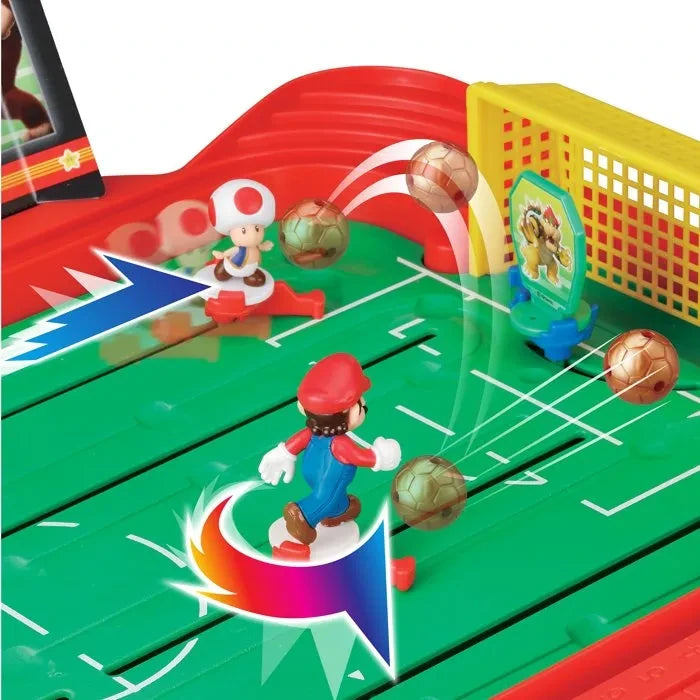 Close-up of the Super Mario Football Striker goal area with character figures and footballs