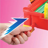Close-up of a hand pulling a blue side handle on the Super Mario Football Striker game