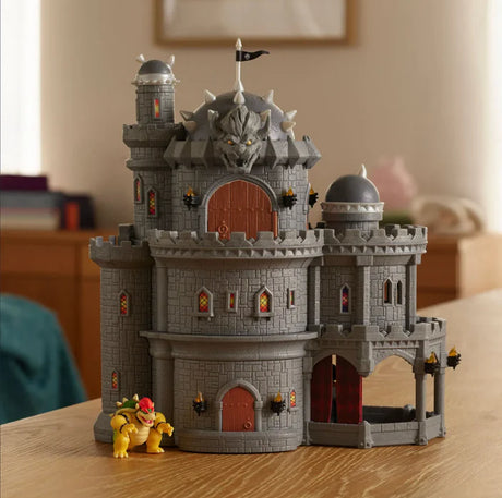 Super Mario Galaxy Movie Bowser Castle Playset on a table with Bowser figure outside the castle
