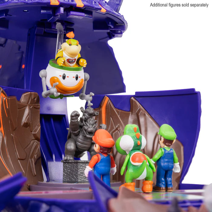 Bowser Jr. in the Clown Car above Mario, Yoshi and Luigi figures inside the Wonder Bowser Jr. Planet Playset