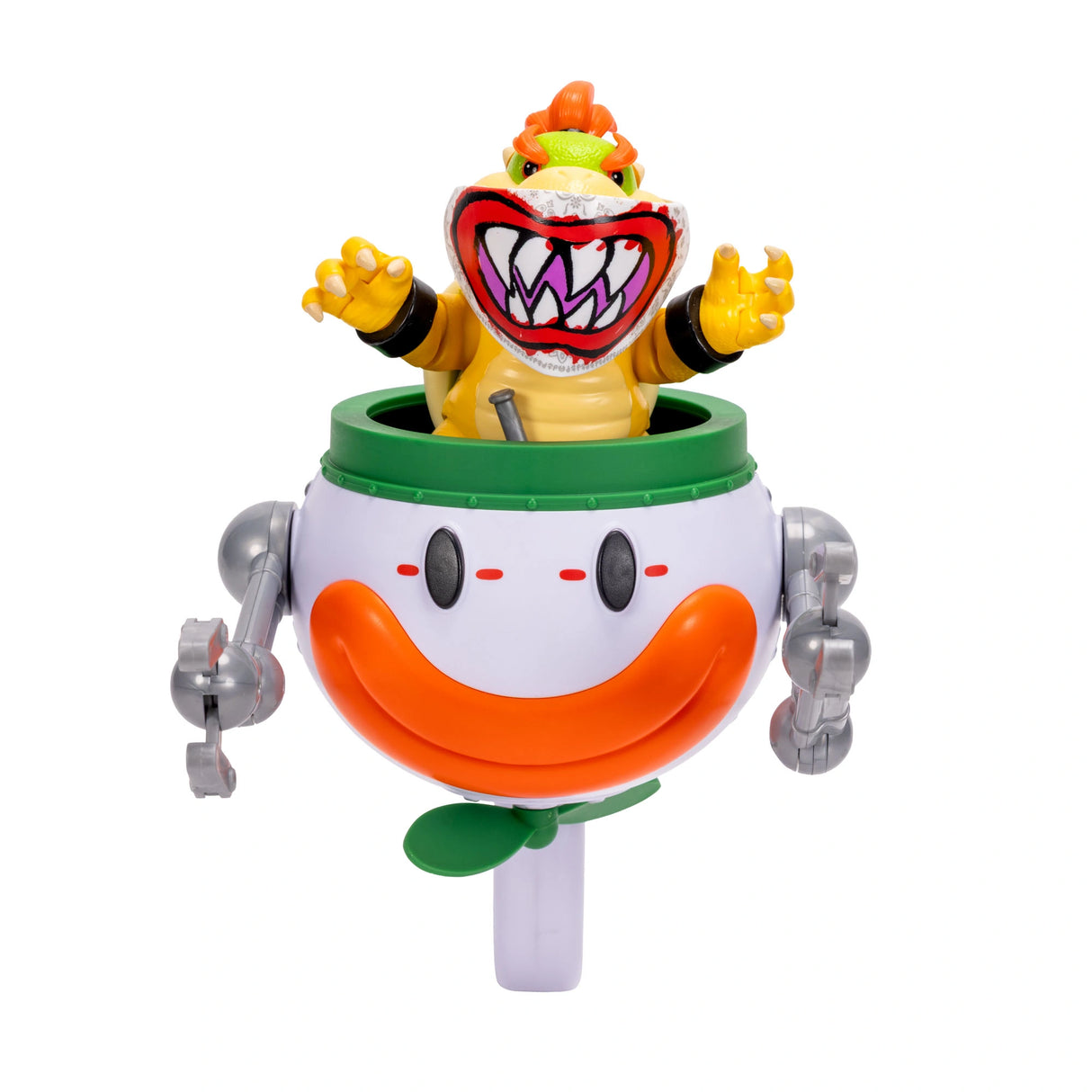 Bowser Jr. seated in the Super Mario Galaxy Movie Clown Car with both arms raised