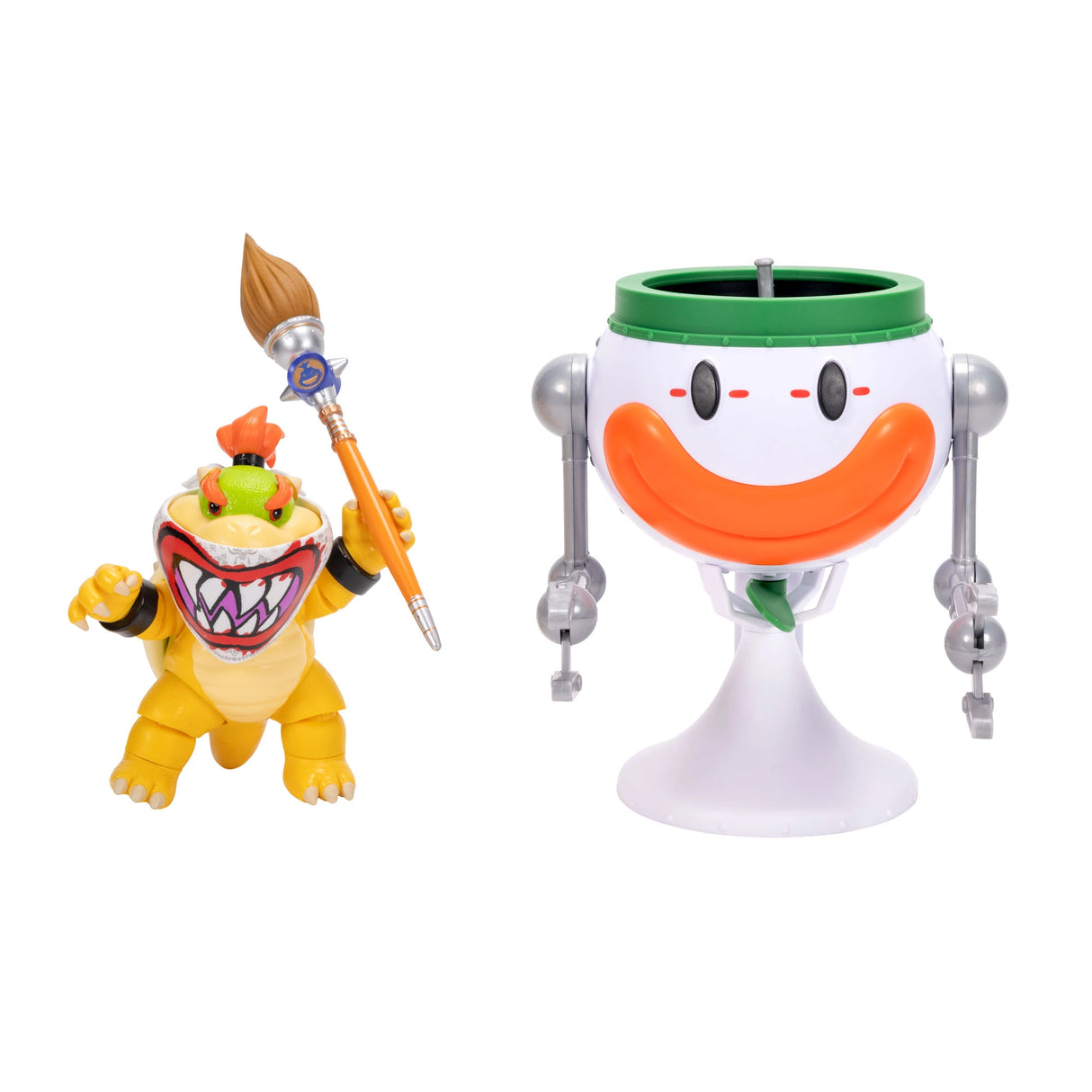 Super Mario Galaxy Movie Bowser Jr. figure holding a large orange brush beside the Clown Car