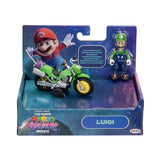 Super Mario Galaxy Movie Luigi motorcycle set in original retail packaging against a white background, showing the green motorcycle, Luigi figure and Mario artwork.