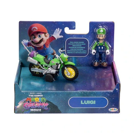 Super Mario Galaxy Movie Luigi motorcycle set in original retail packaging against a white background, showing the green motorcycle, Luigi figure and Mario artwork.