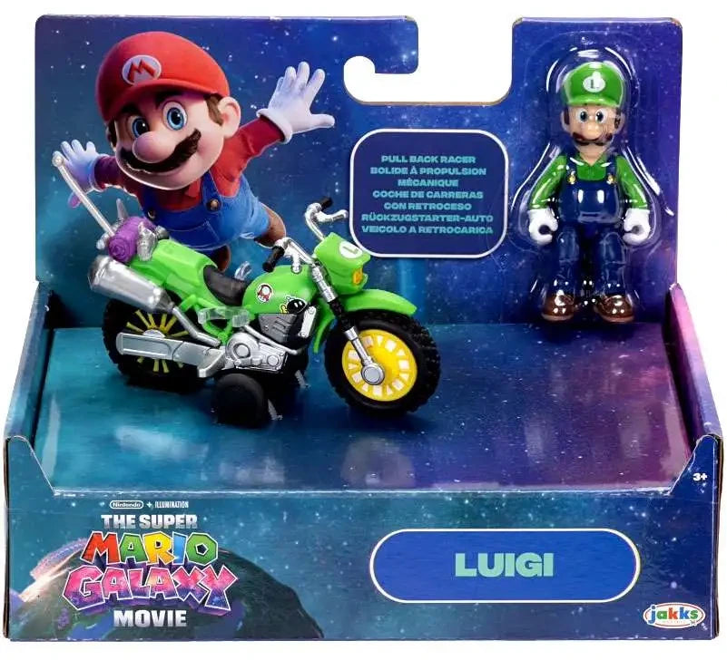 Super Mario Galaxy Movie Luigi figure and green motorcycle in retail packaging with Mario artwork, pull back racer label and Luigi nameplate.