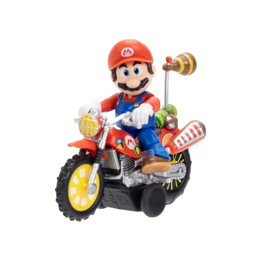 Super Mario Galaxy Movie Mario figure riding a red motorcycle facing left, with a yellow front wheel, silver engine, green rear accessory and white background.