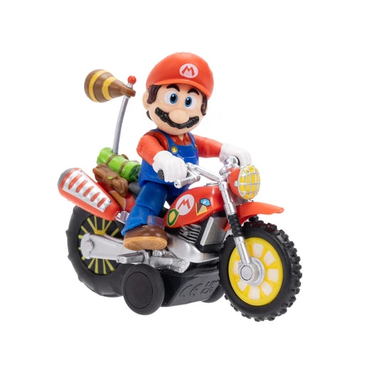 Super Mario Galaxy Movie Mario figure riding his red motorcycle facing right, showing the yellow front wheel, silver engine, rear accessories and black wheels beneath the motorcycle.