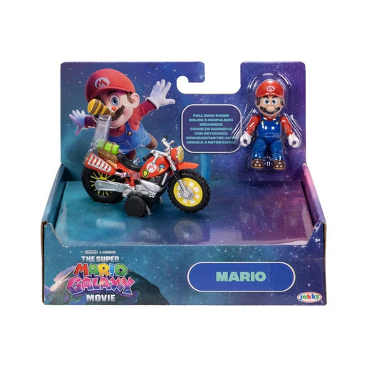 Super Mario Galaxy Movie Mario figure and red motorcycle in original retail display packaging, featuring galaxy artwork, Mario character illustration and the Mario nameplate.