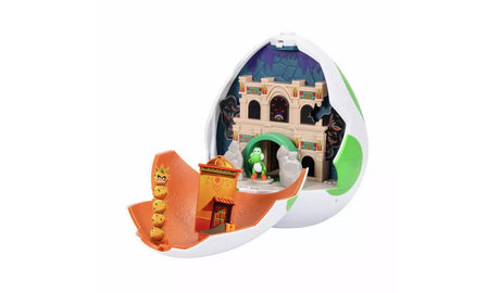 Yoshi Egg Playset opened to reveal the Dry Outpost castle with stone walls, green archway, orange folding section, Pokey artwork and a small Yoshi figure.