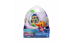 Super Mario Galaxy Movie Yoshi Egg Playset in original retail display packaging, showing the egg opened to reveal the castle scene, with Mario artwork and movie branding on the box.