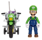 Front view of the green Super Mario motorcycle beside the standing Luigi figure, showing the motorcycle handlebars, front wheel, stabilising wheels and Luigi's clothing.
