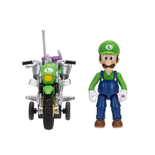 Luigi figure standing beside the green motorcycle viewed from the front, showing his green cap, blue overalls, white gloves and the motorcycle's front wheel.